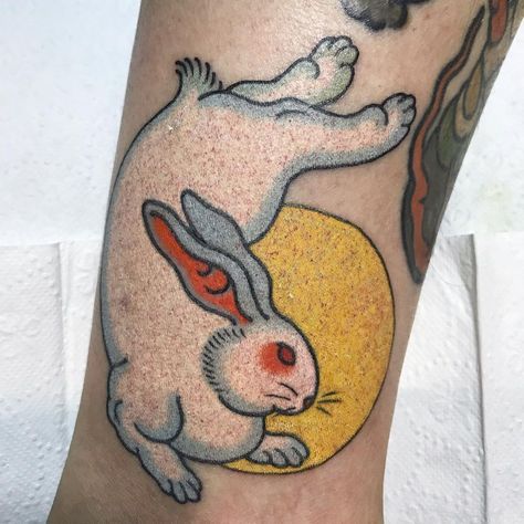 Japanese Rabbit, Sunset Tattoo, J Tattoo, Rabbit Tattoo, Sunset Tattoos, Bunny Tattoos, Rabbit Tattoos, Traditional Japanese Tattoos, Japanese Sleeve Tattoos