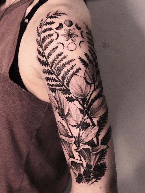 Tattoo uploaded by Tattoodo • Tattoo by Alena Zozulenko #AlenaZozulenkoo #illustrative #blackandgrey #moonphase #moon #flwoers #floral #nature #plant • Tattoodo Rockabilly Tattoos, Pine Tattoo, Cuff Tattoo, Nature Tattoo Sleeve, Fern Tattoo, Mushroom Tattoos, Upper Arm Tattoos, Neck Tattoo For Guys, Floral Tattoo Sleeve