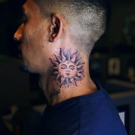 Sun Tattoo On Neck, Sun Tattoo Neck, Sun With Face Tattoo, Sun Tattoo Men, Sun Face Tattoo, Traditional Sun Tattoo, Meaningful Aesthetic, Sun Tattoo Design, Tattoos Behind The Ear