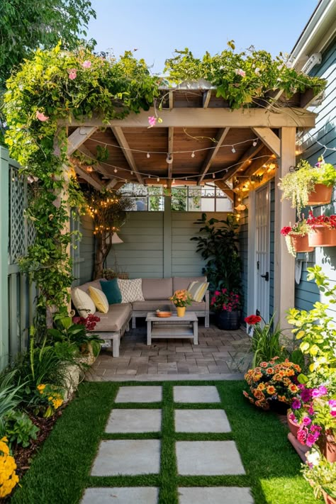 Cozy backyard pergola with string lights, surrounded by lush plants and flowers, featuring a small seating area. Side Of House Ideas Small Spaces, Small Yard Gazebo Ideas, Backyard Sitting Area Ideas Garden Nook, Tiny Front Yard Ideas, Tiny Backyard Ideas On A Budget, Tiny Garden Ideas Backyards, Small Side Yard Ideas, Small Backyard Inspiration, Tiny Yard Ideas