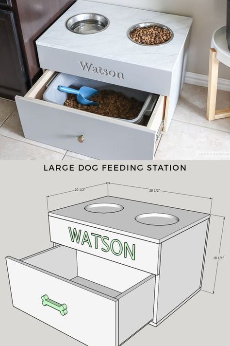 Dog Food Station, Katt Grejer, Dog Feeding Station, Diy Dog Food, Dog Bowl Stand, Dog Food Storage, Feeding Station, Dog Rooms, Dog Feeder