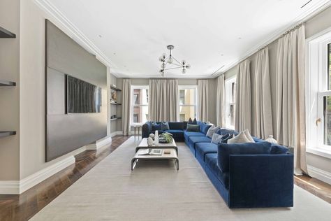 See Inside Gloria Vanderbilt's Childhood Home A penthouse in the Upper East Side townhouse where the heiress lived as an infant is expected to hit the market for $30 million. Office With Sectional Couch, Long Sectional Living Room, Long Couch Living Room, Long Sectional Sofa, Ikea House Ideas, Extra Long Sofa, Ikea House, Area Rug Placement, Long Couch