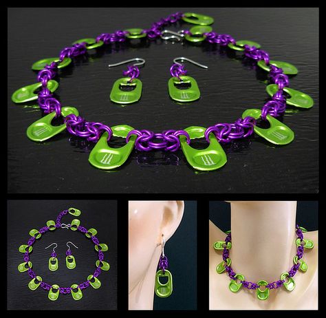 Green Monster Pull Tab Tribal Necklace and Earring Set, Multi-View Shot Monster Cans Diy, Pop Tab Bracelet, Soda Tab Crafts, Can Tab Crafts, Pop Tab Crafts, Soda Can Crafts, Diy Monsters, Aluminum Can Crafts, Monster Crafts