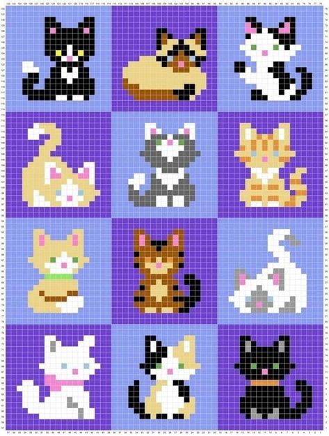 Small Square Cross Stitch Pattern, Cat Stitch Crochet, Cute Cat Pixel Art, Cat Pixel Pattern, Knitting Charts Animal, Alfa Pattern, Cat Pixel Art, Cross Stitch Cat, Mode Crochet