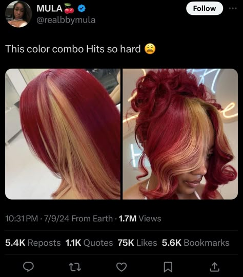 Burgundy Hair With Blonde Skunk Stripe, Honey Blonde And Burgundy Hair, Red And Brown Hair Black Women, Fall Dyed Hair Black Women, Burgundy And Blonde Hair Black Women, Locs Color Combo, Fall Hair Colors Highlights, Red Hair With Blonde Peekaboos, Quick Weave Color