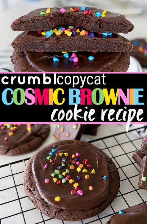 Cosmic Brownie Cookies are a super fudgey cookie topped with a thick fudge glaze and colored chocolate chips on top. This is a Crumbl Cookies copycat recipe that will change everything! Cookies By Design Copycat, Crumble Milkshake Cookies, Cosmic Brownie Copycat, Brownie Batter Cookies Crumbl, Crumbl Cookie Copycat Galaxy Brownie, Cosmic Brownie Crumble Cookie, Crumble Brownie Cookies, Crumbl Brownie Cookie Copycat, Double Fudge Brownie Crumbl Cookies