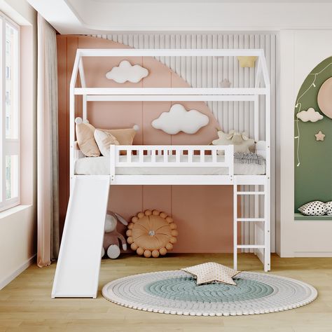 Slide House, Loft Bed With Slide, Loft Bed Frame, Twin Size Loft Bed, House Loft, Twin Loft Bed, Bed With Slide, Twin Mattress Size, Beds And Headboards