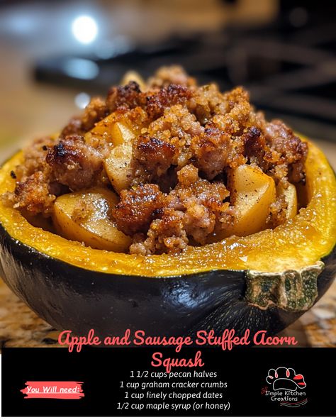 Indulge in the flavors of fall with these delicious Apple and Sausage Stuffed Acorn Squash! This savory dish is perfect for a cozy night in or as a festive addition to your holiday table. Get the recipe and wow your guests with this tasty and comforting meal. #fallrecipes #stuffedacornsquash #comfortfood #holidaymeal Stuffed Acorn Squash With Sausage And Apples, Hamburger Stuffed Acorn Squash, Sausage Apple Stuffed Acorn Squash, Acorn Squash Stuffed With Sausage, Sausage And Apple Stuffed Acorn Squash, Stuffed Kabocha Squash Recipe, Easy Acorn Squash Recipes, Squash Recipes Acorn, Acorn Squash Sausage