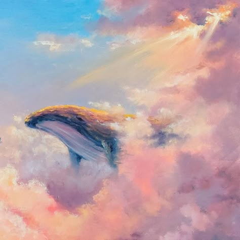 Sky Whale Drawing, Whale Acrylic Paintings, Whale In Clouds, Whale In Sky, Popular Art Paintings, Painting Freedom, Flying Whale, Wellness Art, Clouds Painting