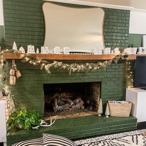 Secret Garden SW 6181 - Green Paint Color - Sherwin-Williams Holiday Mantel Decor, Holiday Decorating Ideas, Painted Brick Fireplace, Painted Brick Fireplaces, Brick Fireplace Makeover, Bedroom Patio, Green Paint Colors, Sherwin Williams Paint Colors, Home Fireplace