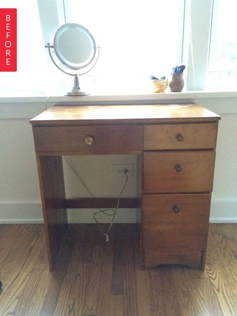 Before & After: From Drab Desk to Painted Vanity | Apartment Therapy Desk To Vanity, Desk To Vanity Diy, Diy Vanity Table, My New Apartment, Diy Storage Rack, Vanity Makeover, Table Vanity, Painted Vanity, Classic Desk