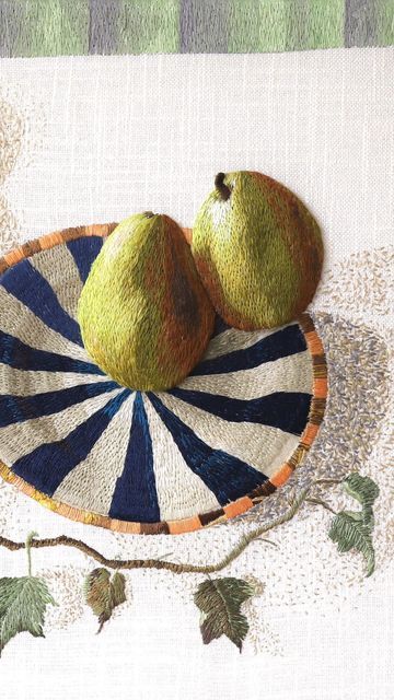 Amelia Dennigan- Bespoke Embroidery on Instagram: "Pear plate for my new still life 🍐 #stilllife #fruitart #embroideryartist #handembroidery #applique" Fruit Art, Still Life, Hand Embroidery, Needlework, Be Still, Bespoke, Pear, Embroidery, On Instagram