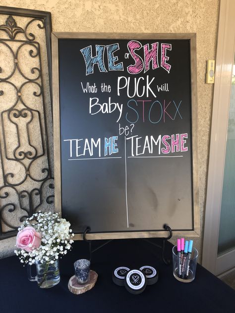 Hockey theme gender reveal Hockey Themed Gender Reveal Party Ideas, Gender Reveal Ideas Hockey Theme, Hockey Puck Gender Reveal, Hockey Gender Reveal Party, Hockey Themed Gender Reveal, Hockey Gender Reveal Ideas, Gender Reveal Sports Theme, Hockey Baby Announcement, Hockey Themed Baby Shower Ideas