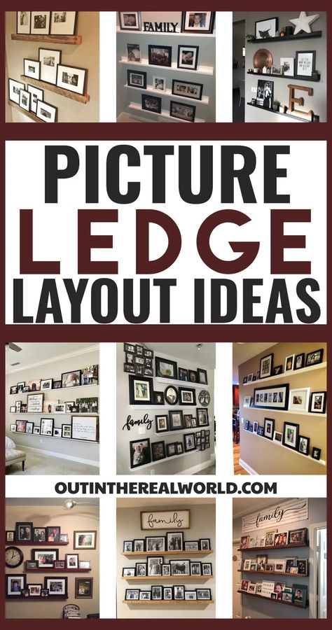 Ledge Shelf Styling, Wall Picture Design Ideas, Grandbaby Picture Wall, Staggered Picture Shelves, Shelves For Frames, Displaying Sports Pictures, Floating Shelves Family Pictures, Picture Shelving Ideas, Picture Wall Shelf Ideas Living Room