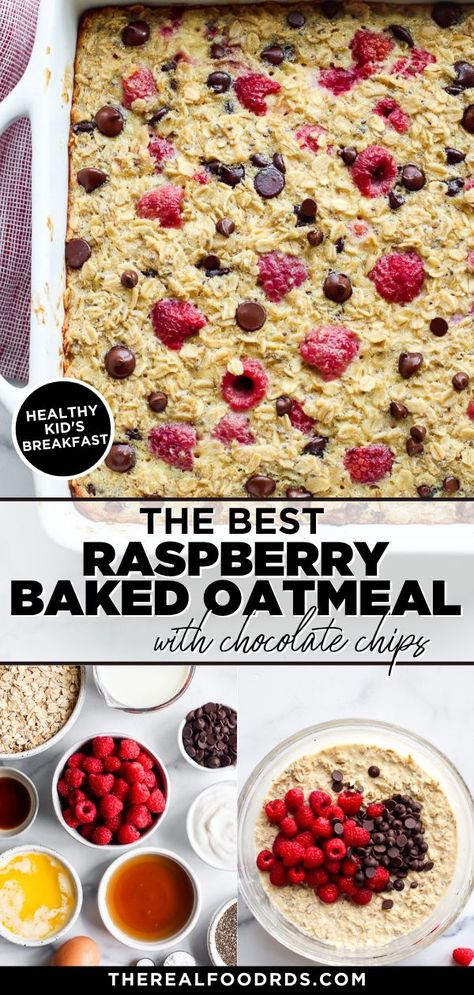 Baked Oatmeal Raspberry, Oatmeal With Chocolate Chips, Simple Baked Oatmeal, Raspberry Baked Oatmeal, Oatmeal With Chocolate, Chocolate Chip Baked Oatmeal, Raspberry Breakfast, Raspberry Oatmeal, Raspberry Chocolate Chip