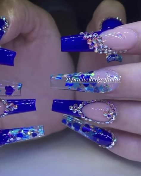 royal blue nails 💙 #coffinnails #nailart #naildesign Acrylic Nails Royal Blue Coffin, Royal Blue Acrylic Nails For Wedding, Blue Nail Acrylic Ideas, Long Acrylic Nails Royal Blue, Royal Blue Nails For Wedding, Royal Blue Sweet 16 Nails, Prom Royal Blue Nails, Wedding Blue Nails, Royal Blue Rhinestone Nails