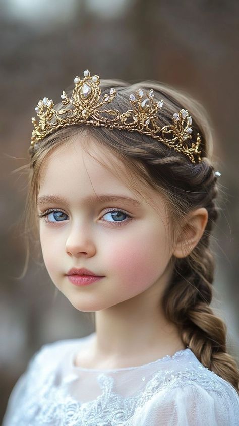 Crown Hairstyles For Kids, Princess Hairstyles With Tiara, Princess Hairstyles For Kids, Braiding Tutorials, Kawaii Hair Clips, Regal Style, Medieval Hairstyles, Female Faces, Girls Crown