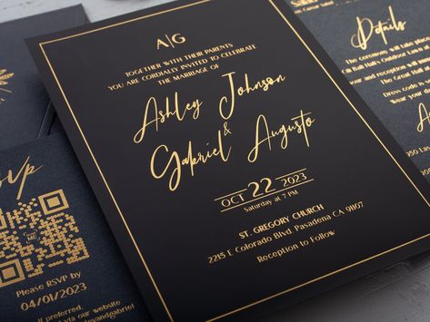 Black and Gold Wedding Invitation, Black Acrylic Wedding Invites, Elegant Acrylic Wedding Card, Black Invite with Gold Foil, QR rsvp, Luxury Black Acrylic Invitation Wedding, Wedding Card Black And Gold, Black White And Gold Wedding Invitations, Black And Gold Wedding Invitations, Wedding Invitations Gold Foil, Black And Gold Invitations, Wedding Invitation Elegant, Black And Gold Wedding, Black And White Wedding Theme