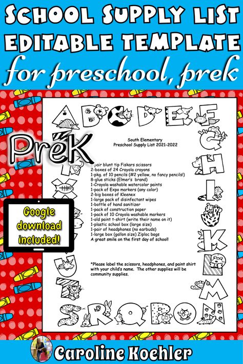 School Supply List For Prek, Prek Supply List, Prek Supply List Back To School, Pre K Supply List, Pre K School Supplies List, Preschool School Supply List, Supply List Template, Back To School Supply List, 6th Grade School Supplies