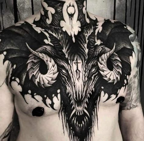 Blackwork Chest Tattoo, Tattoo Blackwork Dark, Satanic Tattoo, Dark Tattoo Ideas, Feminine Skull Tattoos, Neotraditional Tattoo, Evil Tattoos, Demon Tattoo, Scary Tattoos