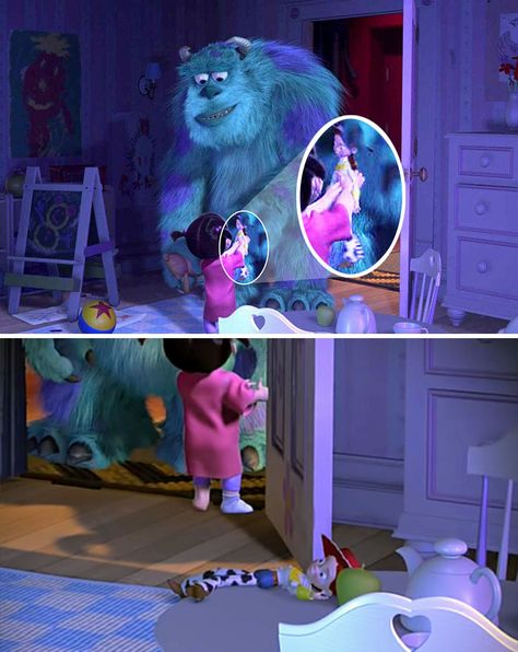 Disney Secrets In Movies, Buu Monster Inc, Disney Easter Eggs, Sully Monsters Inc, Monsters Inc Boo, Toy Story 1995, Toy Story Movie, Disney Secrets, Disney Theory