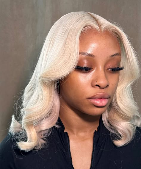 Middle Part Blonde Wig With Curls, Shoulder Length Blonde Hair Black Women, Wig Up Do Hairstyles, Brown Roots Blonde Hair Black Women, 613 Middle Part Buss Down, 613 Wig Black Women, 613 Wig Hairstyles For Black Women, Platinum Hair Black Women, White Hair Black Women