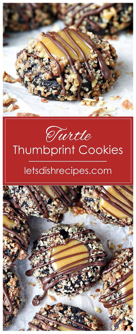 Maple Thumbprint Cookies, Caramel Thumbprint Cookies Recipe, Thumbprint Caramel Cookies, Christmas Turtle Cookies, Thumbprint Cookies With Caramel, Turtle Thumbprint Cookies Recipe, Turtle Recipes, Turtle Thumbprint Cookies, Caramel Turtles