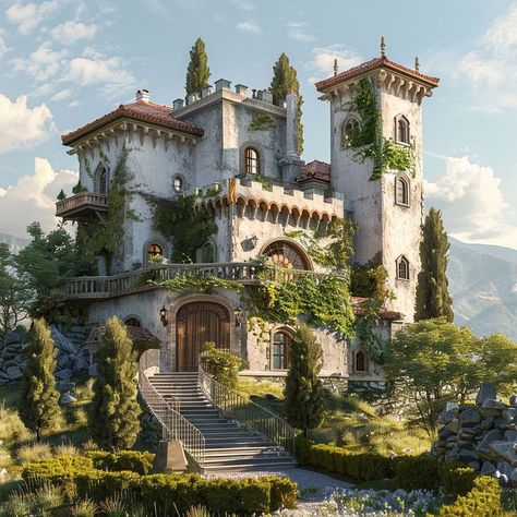 Castle Type Houses, Bloxburg Italian House, Castle Like Homes, Mini Castle House, Modern Castle House, Unique House Exterior, Italian House Aesthetic, Mediterranean Castle, Italian House Exterior