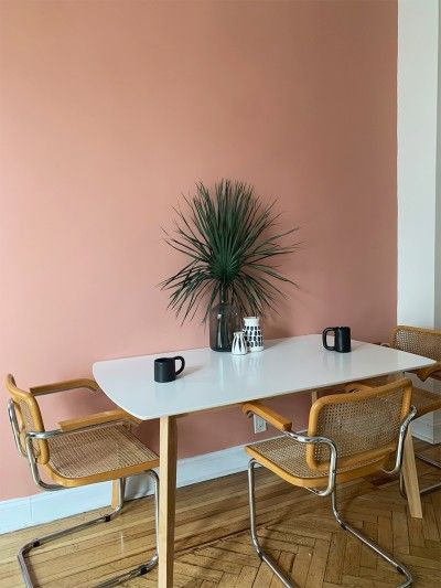 Light Salmon Wall Color, 36 Hours In Marrakesh Paint, Pink Dinning Room, Pink Wall Colour, Light Terracotta Paint Colors, Blush Pink Dining Room, Pink Wall Living Room, Pink Wall, Pink Accent Wall