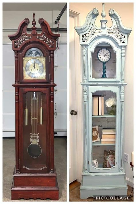 Redone Grandfather Clocks, Repurpose Grandfather Clock, Repurposed Grandfather Clock Ideas, Grandfather Clock Makeover, Repurposed Grandfather Clock, Wall Clock Ideas, Free Home Decor, Home Decor Business, Vintage Furniture Makeover