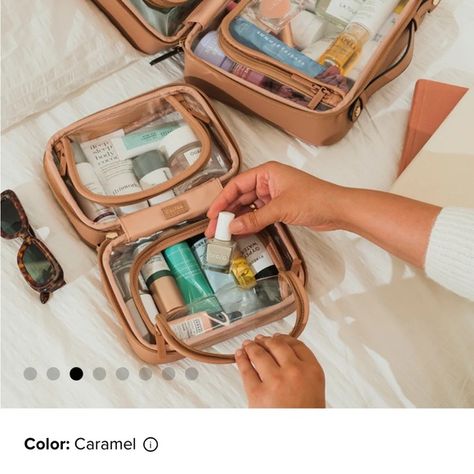 ISO Calpak Mini Clear Cosmetic Case in color Caramel or Stone Clear Cosmetic Case, Clear Cosmetic Bag, Travel Bag Essentials, Large Makeup Bag, Hanging Toiletry Bag, Travel Necessities, Small Makeup Bag, Travel Must Haves, Travel Essentials For Women