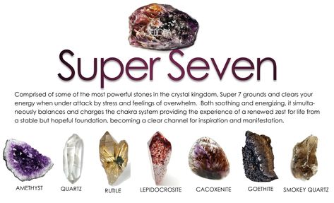 Comprised of some of the most powerful stones in the crystal kingdom, Super Seven clears your energy when under attack by stress and feelings of overwhelm.  Both soothing AND energizing, it balances and harmonizes all of the chakra systems. Crystals And Their Properties, Super Seven Crystal Meaning, Super 7 Crystal Meaning, Strongest Crystals, Energy Stones Crystal Healing, Super 7 Crystal, Most Powerful Crystals, Super Seven Crystal, Crystal Kingdom