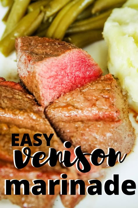 The best venison marinade that's perfect for your steak!  Cook via grill, smoker, or cast iron skillet - and use only pantry ingredients.  Super simple and easy to make.  Your whole family will love it!  #cleverlysimple #venison #marinade Venison Loin Marinade, Venison Steak Marinade Recipes, Deer Marinade, Marinade For Deer Meat, Venison Tenderloin Marinade, Venison Marinade Recipes, Cast Iron Steak Oven, Venison Marinade Recipes Deer, How To Make Venison Not Gamey