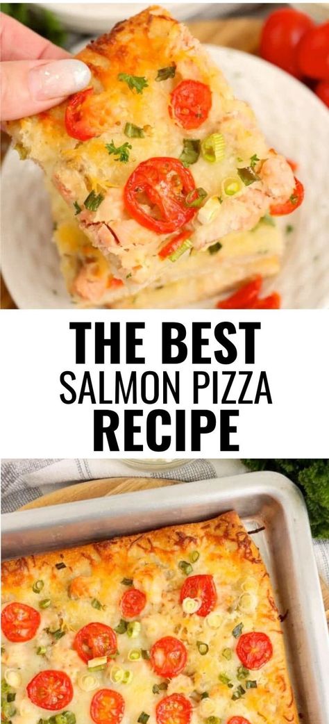 Collage of closeup overhead shot of hand holding a slice of salmon pizza at top and overhead shot of baking pan with salmon pizza at bottom. Salmon Chunks, Sheet Pan Pizza, Cheese Crust Pizza, Salmon Pizza, Bbq Dishes, Crusted Salmon, Pan Pizza, Pizza Recipe, Healthy Delicious