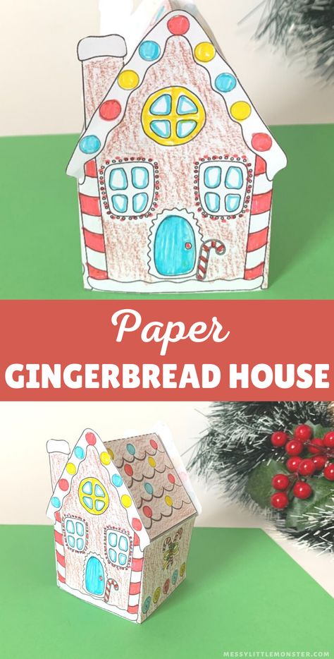 Paper gingerbread house craft. Free printable gingerbread house template. 3d Paper Crafts Templates Free Printable Christmas, 3d Gingerbread House Paper, Christmas Decor Ideas Printable, Christmas Craft Grade 1, Ginger Bread House Printable, Gingerbread House Stem Challenge, Gingerbread House Kids Craft, Paper Gingerbread House Craft, Gingerbread House Printable Template