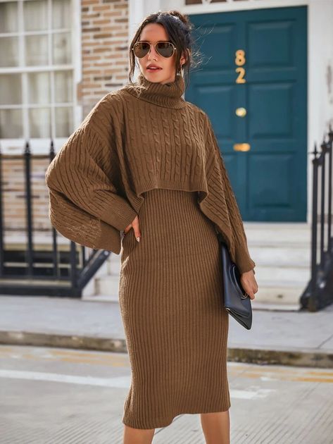 Turtleneck Cable Knit Top & Rib-knit Cami Sweater Dress | SHEIN USA Shein Sweater Dress, Fall Cable Knit Turtleneck Sweater Dress, Turtleneck Cable Knit Sweater Dress, Fitted Turtleneck Knit Sweater Dress, Winter Brown Ribbed Sweater Dress, Fall Birthday Outfit, Knitted Winter Dress, Brown Sweater Dress, Birthday Dress Women