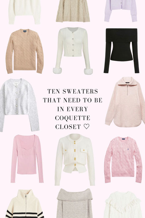 Winter Essentials Aesthetic, Winter Wardrobe Essentials 2024, Girly Capsule Wardrobe, Coquette Outfits Winter, Sweaters Coquette, Coquette Sweaters, Feminine Outfits Winter, Venus Pisces, Coquette Closet