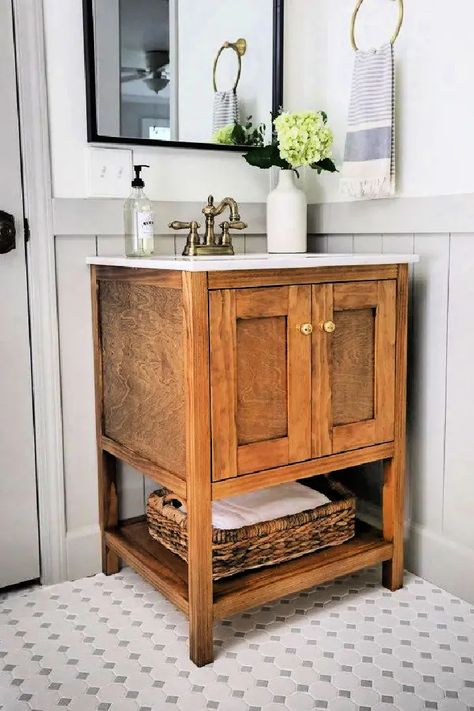 Building a DIY bathroom vanity is an affordable and easy way to upgrade your bathroom. These 25 DIY bathroom vanity ideas offer options for every style and Craftsman Vanity Bathroom, Small Farmhouse Vanity, Unique Bathroom Vanity Ideas Diy, Dresser Turned Into Bathroom Vanity Farmhouse, Small Vintage Bathroom Vanity, Small Vanities For Small Bathrooms, Small Bath Vanity Ideas, Vanity Ideas Bathroom Diy, Small Wood Bathroom Vanity