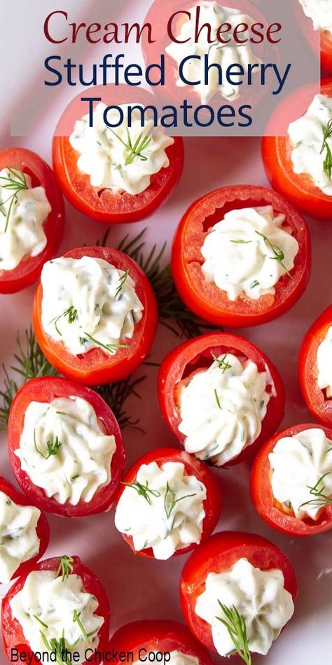 Stuff Tomatoes Recipes, Stuffed Tomato Appetizers, Cheese And Tomato Appetizers, Cherry Tomatoes Appetizers, Stuffed Cherry Tomatoes Recipes, Stuffed Tomatoes Appetizer, Appetizers Using Cherry Tomatoes, Cherry Tomato Appetizer Recipes, Cream Cheese Stuffed Tomatoes