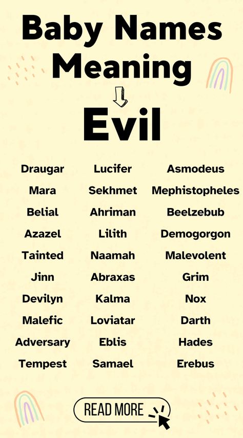 Looking for a unique and edgy baby name? We've compiled a list of names that mean 'evil' in different languages - from fierce to powerful, these names are sure to turn heads! (Don't worry, they're not *actually* evil 😉).  #BabyNames  #Names Baby Gender Predictor, What Your Name, Gender Predictor, Edgy Baby, Oc Names, Meaning Of Your Name, Meaningful Baby Names, List Of Names, Baby Name Generator