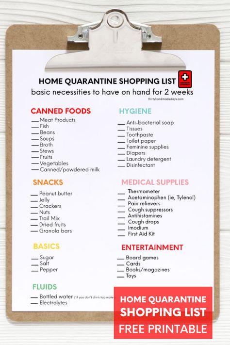 Use this list for basic necessities in case of a home quarantine.  Printable from thirtyhandmadedays.com Grocery Essentials, Stock Pile, Basic Necessities, Emergency Prepardness, Emergency Food Supply, Printable Shopping List, Emergency Preparedness Kit, Family Emergency, Emergency Preparation