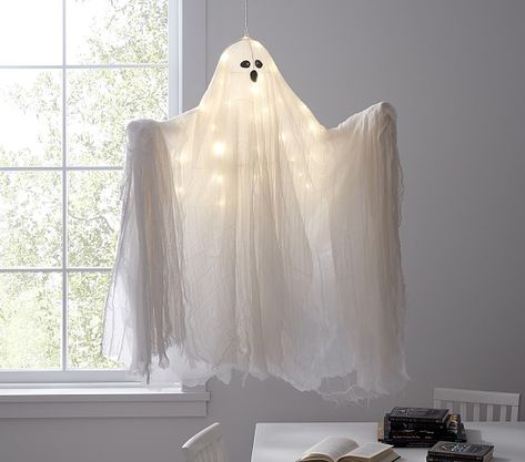 Light-Up Hanging Ghost | Pottery Barn Kids Pottery Barn Ghost Diy, Halloween Pottery Barn Diy, Diy Hanging Light Up Ghosts, Pottery Barn Kids Camden House Bed, Bunk Bed Playhouse Pottery Barn Kids, Pottery Barn Lighting, Hanging Ghosts, Baby Furniture, Halloween Props