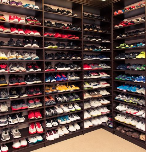 The Best Organized Sneaker Closets Featured By the Coveteur: Udonis Haslem and Faith Rein Haslem | coveteur.com Sneaker Closet, Sneakerhead Room, Hypebeast Room, Sneaker Storage, Shoe Room, Shoe Wall, Dream Closets, Modern Shoes, Shoe Display