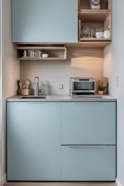 Modern compact kitchen with light blue cabinets and a small sink, adorned with utensils, glassware, and small appliances. Small Kitchen For Studio Apartment, Tiny Apartment Plan, Small Kitchen For Office, Small Kitchen Studio Apartment, Tiny Square Kitchen, Very Small Kitchen Ideas Tiny Houses, Small Office Kitchenette, Small Kitchen Colour Schemes, Studio Airbnb Ideas