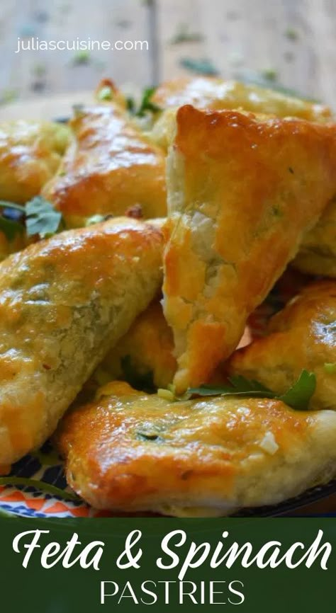 The perfect appetizer or nibble for easy entertaining. These Feta & Spinach Pastries are a light and crispy pastry are a great make ahead appetizer that’s full of flavour and easy to make. Spinach Feta Puff Pastry Appetizers, Spinach And Feta Pastry Puffs, Feta Cheese And Spinach Recipes, Feta Cheese Puff Pastry Recipes, Spinach Cheese Pastries, Puff Pastry With Spinach, Spinach And Feta Pastries, Spinach Feta Cheese Puff Pastry, Spinach And Puff Pastry Recipes