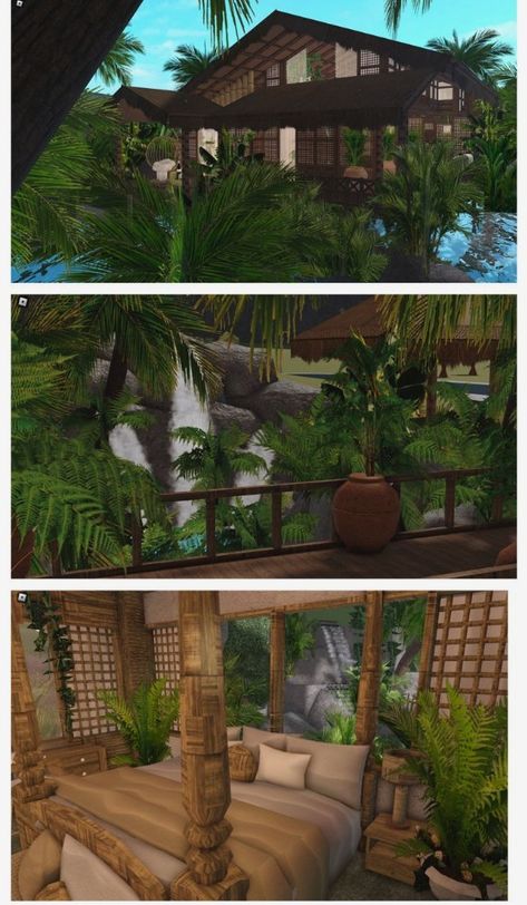 Bloxburg Hawaii House, Bloxburg Island House, Bloxburg Structure Ideas, Bloxburg Jungle House, Forest House Layout, Bloxburg Tropical House, Bloxburg Treehouse, Bloxburg Hotel Ideas, Bloxburg Building Ideas