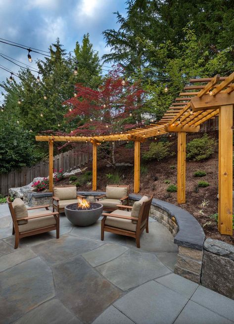 Stone Patio With Fire Pit Off Deck, Entertainment Backyard Ideas, Backyard Retaining Walls, Sloped Backyard Landscaping, Sloped Yard, Sloped Backyard, Landscaping Retaining Walls, Hillside Landscaping, Outdoor Entertainment