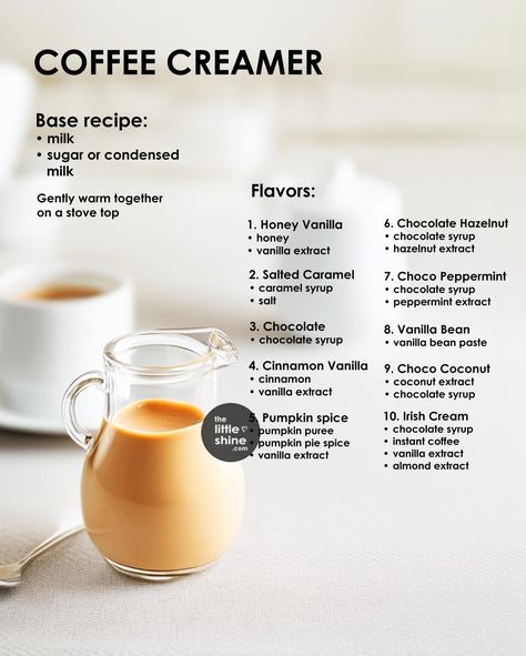 Homemade Flavoured Coffee Creamer with 20 different flavors - The Little Shine French Vanilla Creamer Recipe, Healthy Water Recipes, Sugar Free Coffee Creamer, Homemade Coffee Creamer Recipe, Diy Coffee Creamer, Flavoured Coffee, Flavored Coffee Creamer, Homemade Coffee Creamer, Coffee Creamers