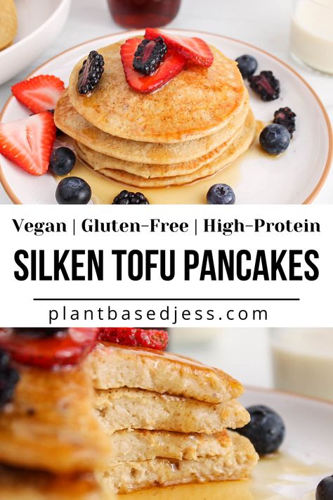 View on a pile of vegan silken tofu pancakes. High Protein Vegan Recipes Soy Free, Gluten Free Vegan High Protein Breakfast, Breakfast Tofu Ideas, Plant Based Protein Pancakes, Best High Protein Vegan Meals, Easy Tofu Breakfast Recipes, Vegan Tofu Pancakes, Breakfast Ideas Healthy Vegan, High Protein Vegan Pancakes