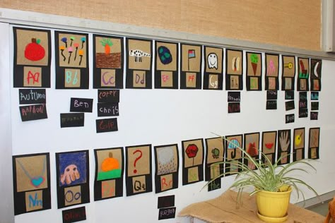 Mrs. Atkin's Kindergarten: Alphabet/Word Wall, Colors Explorations & MORE! I love how the students took ownership of their word wall and abc chart. It is so neutral as well, not too overwhelming. Alphabet In Classroom Wall, Student Created Alphabet Wall, Student Made Alphabet Wall, Reggio Inspired Alphabet Wall, Alphabet Word Wall, Alphabet Display, Reggio Inspired Classrooms, Alphabet Words, Reggio Classroom